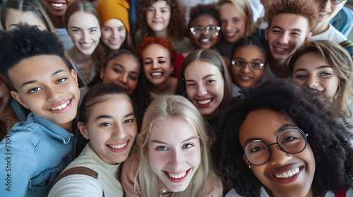 Multicultural interracial group teenager students smiling looking at the camera photo