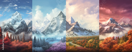 Four season moutains scenery, Abstract Forest and Mountains in winter, summer, spring, autumn. © Milan