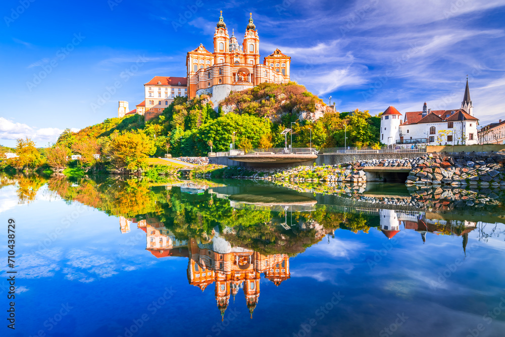 Melk Abbey, Austria. Stift Melk reflected in the water of Danube River, scenic Wachau Valley. - obrazy, fototapety, plakaty 