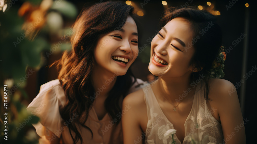 Two joyful brides women outdoors. Asian lesbian couple - obrazy, fototapety, plakaty 