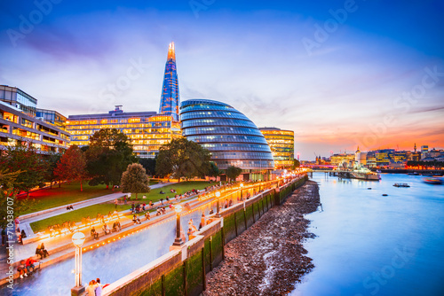 London, United Kingdom. Skyline view of the famous New London, City Hall and Shard, Thames River southbank.