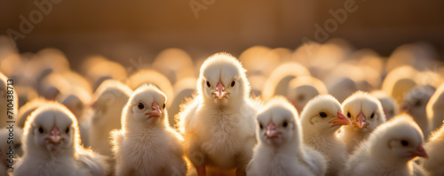 Small litte chikens, young cute yellow chicks in breeding farm. photo