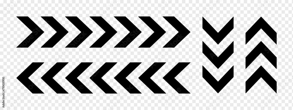 Set of horizontal and vertical chevron arrows. Ornaments with repeated V shaped stripes. Road, military, army, pointer, navigation left and right, up and down signs. Vector flat illustration - obrazy, fototapety, plakaty 