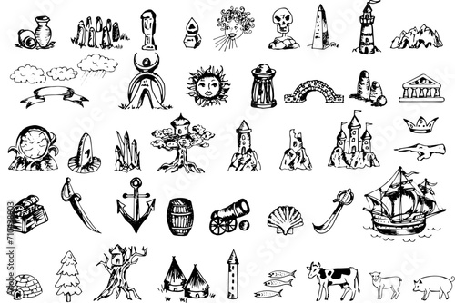 Fantasy map elements, vector symbols that are hand drawn in outlines for use in cartography - engraving, outlines, drawing, lines