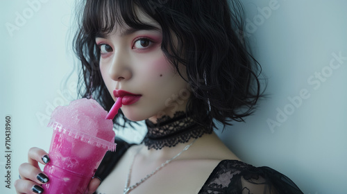Portrait of a young Asian goth enjoying a pink smoothie or slush ice.