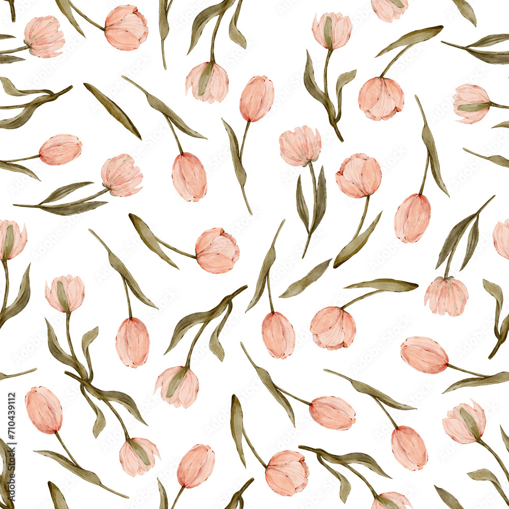 Seamless watercolor pattern with pink tulips on transparent background - obrazy, fototapety, plakaty 