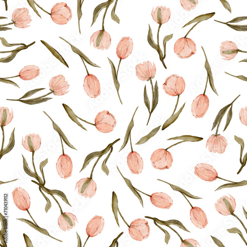 Seamless watercolor pattern with pink tulips on transparent background