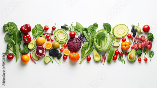 a row of vegetables and fruits collage isolated on a white background. photo