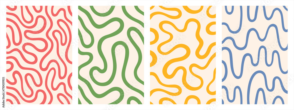 Twisted lines, fluid, curved, wiggling stripes, waves vector backgrounds set. Liquid, funky chaotic ornaments, groovy hippie patterns collection. Doodle, uneven hand drawn wavy, organic winding lines - obrazy, fototapety, plakaty 
