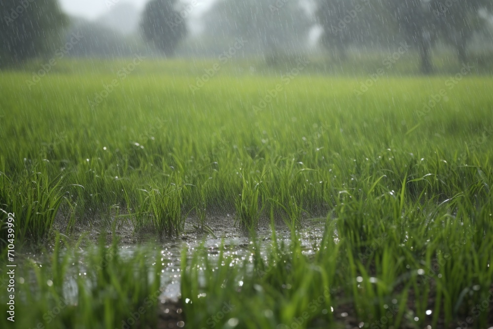 Spring Rain Serenity: Lush Rice Field Bathed in Heavy Showers. Seasonal Elegance