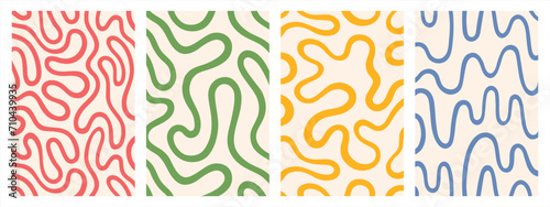 Twisted lines, fluid, curved, wiggling stripes, waves vector backgrounds set. Liquid, funky chaotic ornaments, groovy hippie patterns collection. Doodle, uneven hand drawn wavy, organic winding lines photo