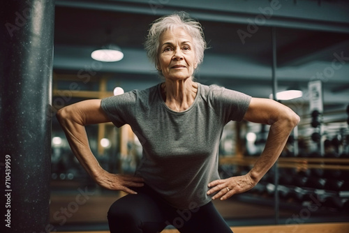 mature elderly woman, pensioner, smiling happily, does lifestyle gymnastics for health in gym.