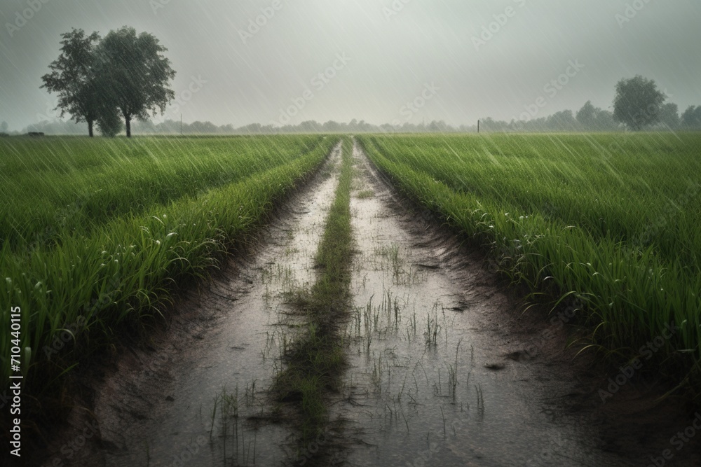 Spring Rain Serenity: Lush Rice Field Bathed in Heavy Showers. Seasonal Elegance Spring Rain Serenity: Lush Rice Field Bathed in Heavy Showers. Seasonal Elegance