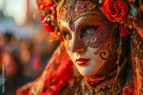 Woman in Italian Carnival Costume with Mask, Unveiling the Charms of Traditional Festivity, Cloaked in Vivid Hues on Italy Venice