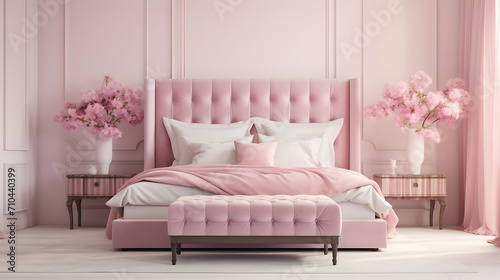 Clean big queen luxurious bedroom with pink aesthetic  background