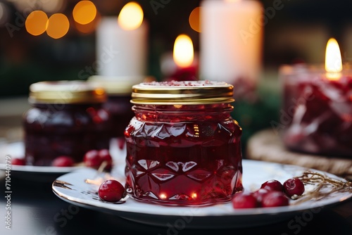 Festive cranberry sauce in glass jars with fresh berries on a candlelit table setting