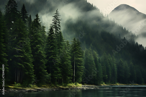 A calming view of pine forests and lakes, enveloped by clouds and white mist on a mountain range. Created with Generative AI. photo