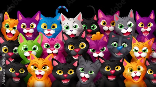 Playful collection of colorful cats in a geometric neon watercolor background with smiling faces, banner