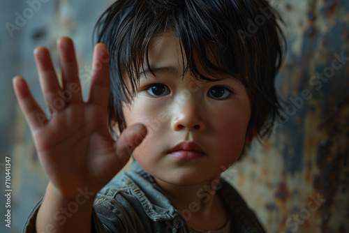Portrait of a serious and scared little asian boy standing with outstretched hand showing stop gesture, domestic violence concept. Stop violence and abuse. photo