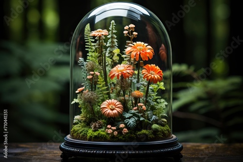 An ornate terrarium displaying vibrant orange flowers, surrounded by lush greenery under a clear glass dome photo
