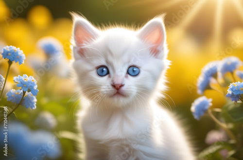 A small cute white kitten with blue eyes sits on a background of beautiful flowers.