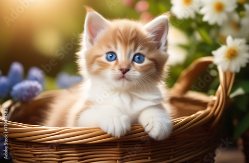 A small red fluffy kitten with blue eyes looks out of a basket on a light brown background with flowers. Pets. Kitten in a basket