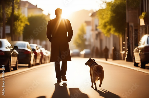 A man walks with a dog along a sunny street (rear view), he is illuminated by the sun's glare photo
