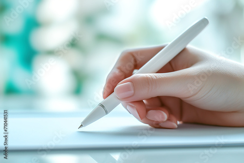 Close-up of a woman's hand with a premium pen writing on a white paper, with a focus on the pen tip
