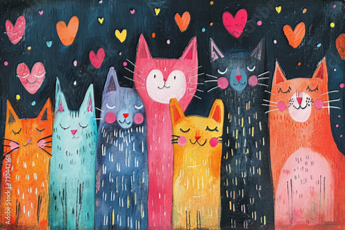 Valentines day greeting card with Hand drawn cute cats in the rain on a dark background.
