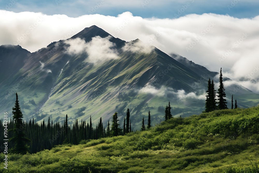 A calming view of a pine forest, enveloped by clouds and white mist on a mountain range. Created with Generative AI. A calming view of a pine forest, enveloped by clouds and white mist on a mountain range. Created with Generative AI.