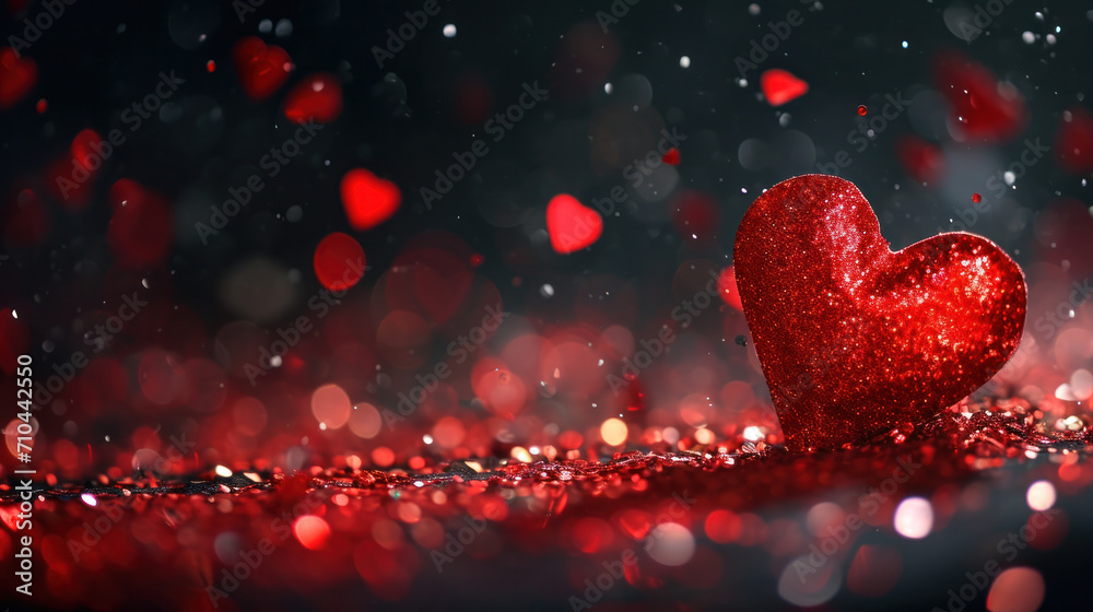 A single red glittering heart stands out amidst a shower of sparkles, epitomizing the romance and celebration of Valentine's Day