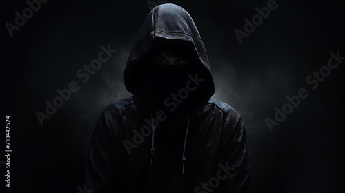 creepy person with a black hoodie on on a dark night 