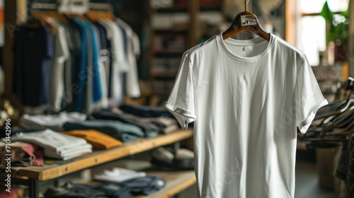 A white T-shirt is hanging on a hanger.