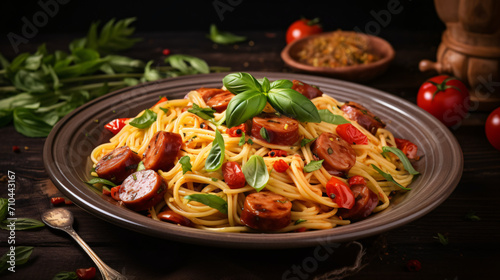 Tasty pasta with smoked sausage