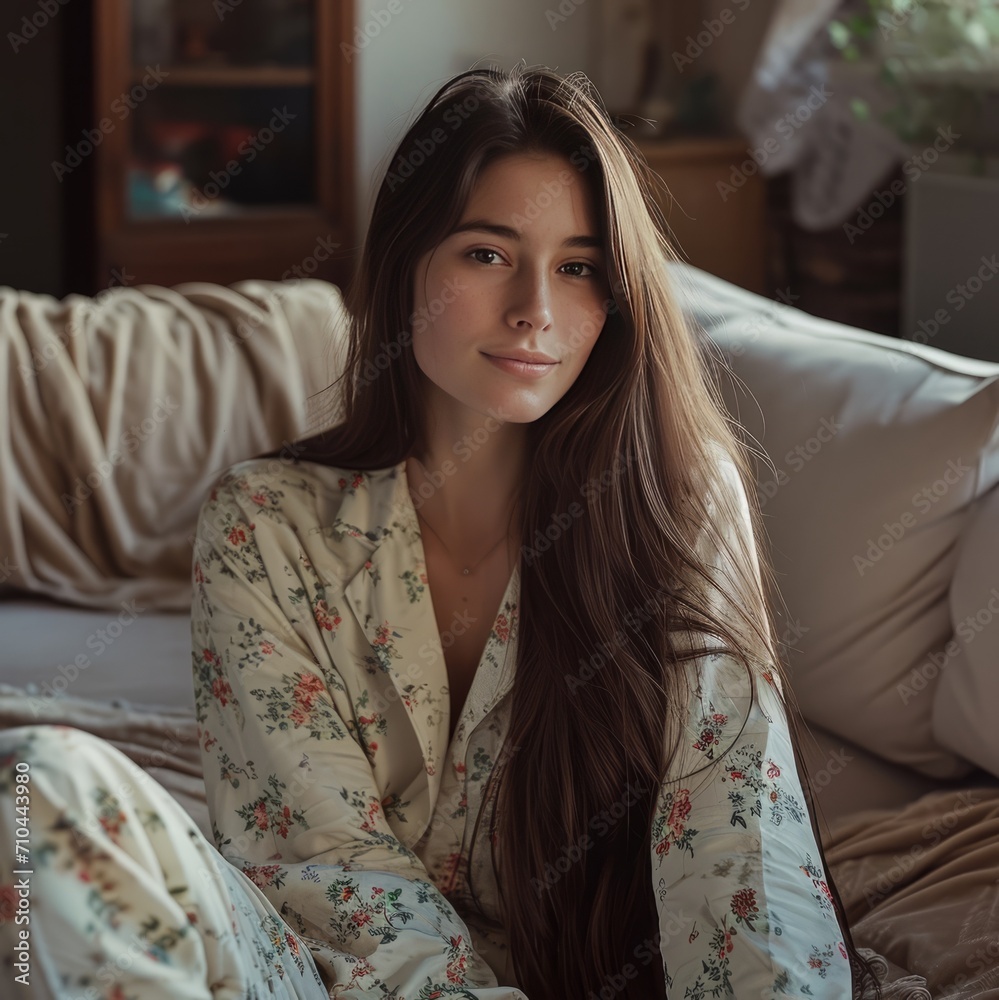 female with long brown hair, wearing a comfortable pajamas, sitting in the couch of her livingroom with a slight smile female with long brown hair, wearing a comfortable pajamas, sitting in the couch of her livingroom with a slight smile