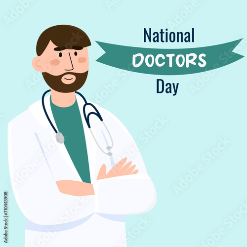 Vector banner of National Doctors Day.  Young smiling doctor with stethoscope, medical specialist.Medicine concept. 