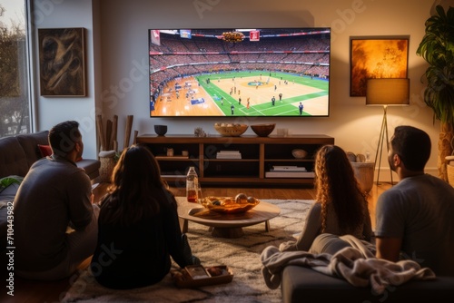 A group of friends sits, watching basketball on TV, snacks around. The living room is full of people watching a basketball game on TV.  photo