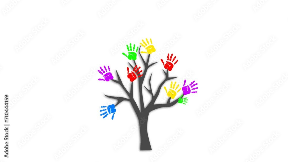 A helping hand: tree made of diverse handprints shape. Community help concept illustration. 4K video illustration. A helping hand: tree made of diverse handprints shape. Community help concept illustration. 4K video illustration.