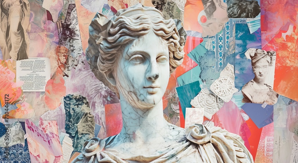 Collage with antique female sculpture and colourful different elements design  - obrazy, fototapety, plakaty 