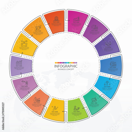 Basic circle infographic with 14 steps, process or options.