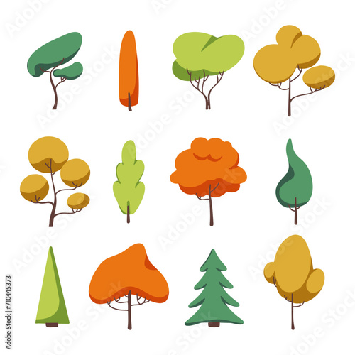 Set of evergreen forest plants. A collection of trees.