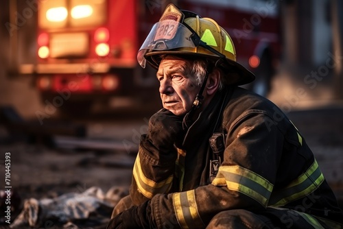 Tired senior fireman hero in worn gear takes a moment on the pavement after fight with fire.