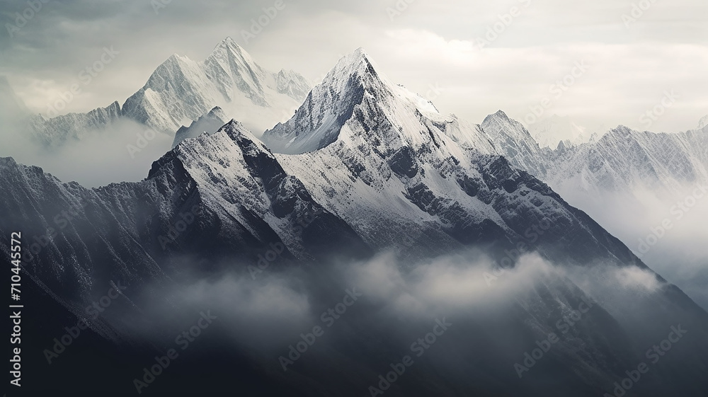 panorama landscape of mountains snowy peaks of rocks in fog and clouds. - obrazy, fototapety, plakaty 