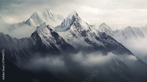 panorama landscape of mountains snowy peaks of rocks in fog and clouds. photo