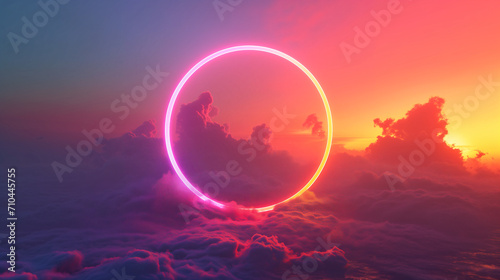 AI generated illustration of a vibrant circular formation amidst a backdrop of fluffy neon clouds