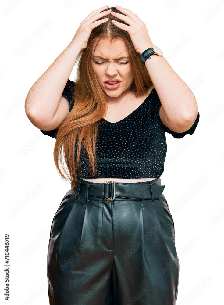Young beautiful redhead woman wearing elegant clothes suffering from headache desperate and stressed because pain and migraine. hands on head. Young beautiful redhead woman wearing elegant clothes suffering from headache desperate and stressed because pain and migraine. hands on head.
