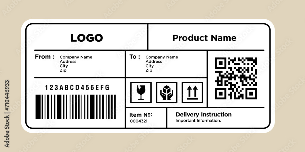 Cargo delivery sticker vector. Shipment label template. Delivery bar code mockup. Fragile, handle icon. Information about company recipient. Priority mail with barcode mock up. Vector illustration