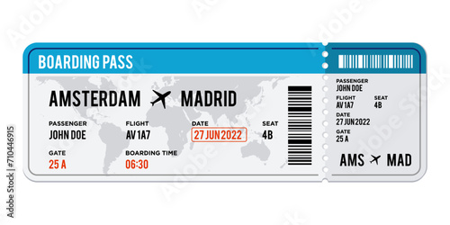 blue and white Airplane ticket design. Realistic illustration of airplane boarding pass with passenger name and destination. Concept of travel, journey or business trip. Isolated on white background photo