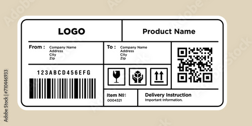 Cargo delivery sticker vector. Shipment label template. Delivery bar code mockup. Fragile, handle icon. Information about company recipient. Priority mail with barcode mock up. Vector illustration photo