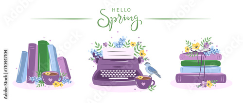 Big set of reading elements for  bookshop, library, bookstore or education. Books, cup coffee with spring flowers. Vector illustration on white background